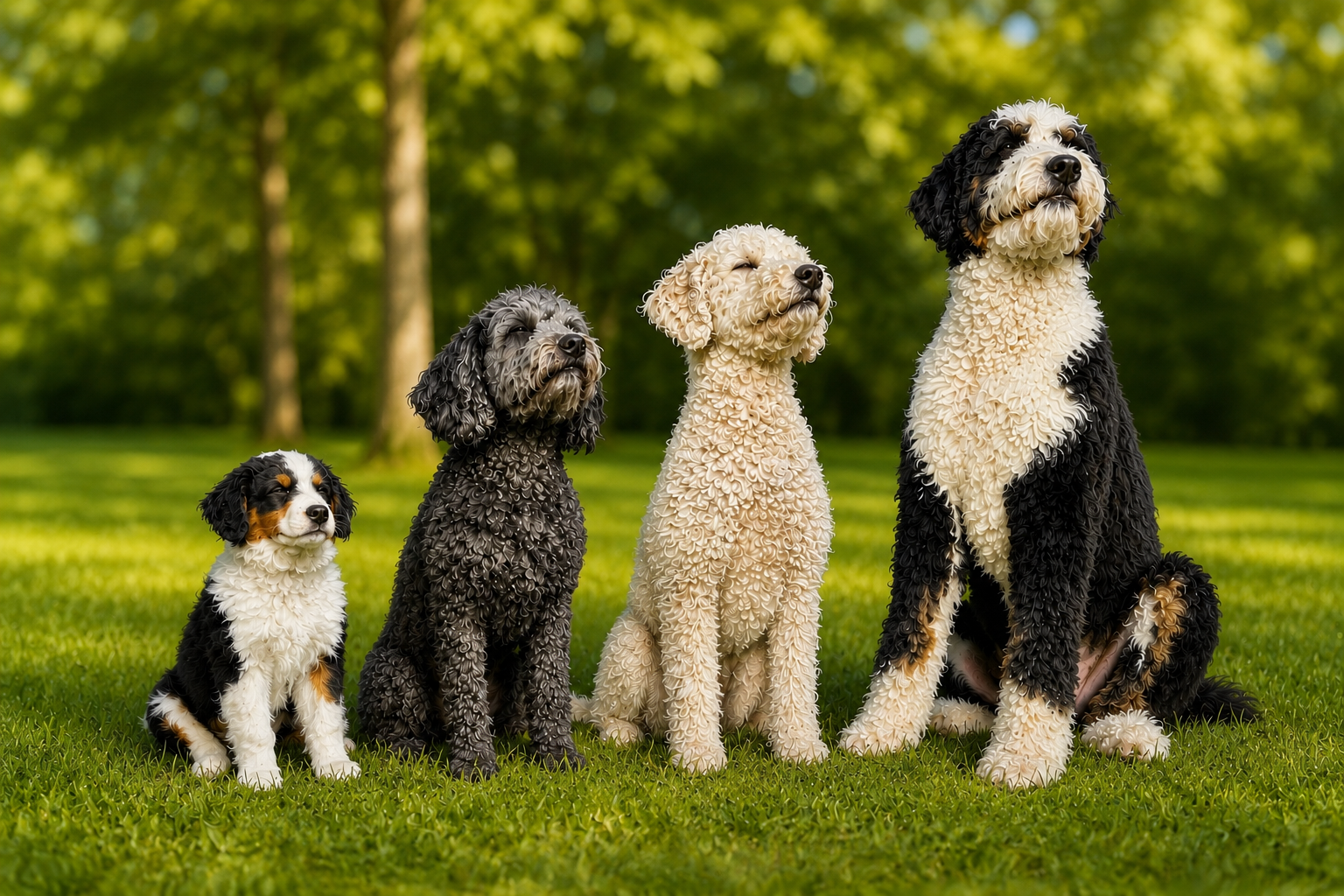 Four dogs sitting together in the grass